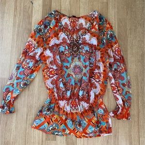 MUSHKA By SIENNA ROSE Orange Floral Chiffon Gipsy Boho Tunic Blouse Size XL